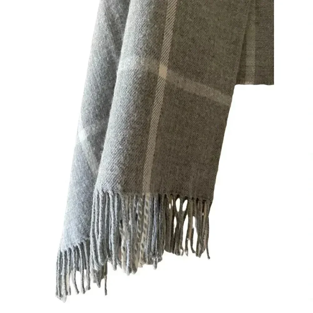J Crew Gray Oversized Plaid Blanket Scarf Fringe Throw